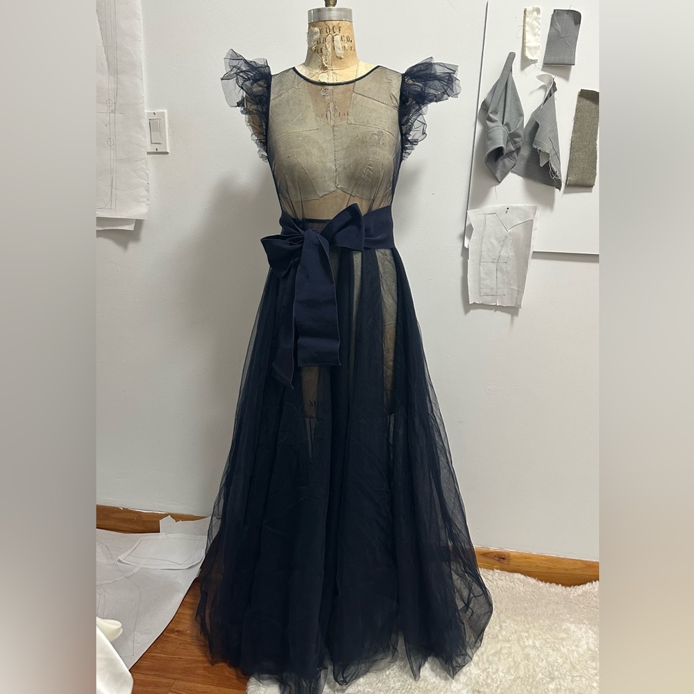 Chic Sheer Navy Maxi Dress with Bow